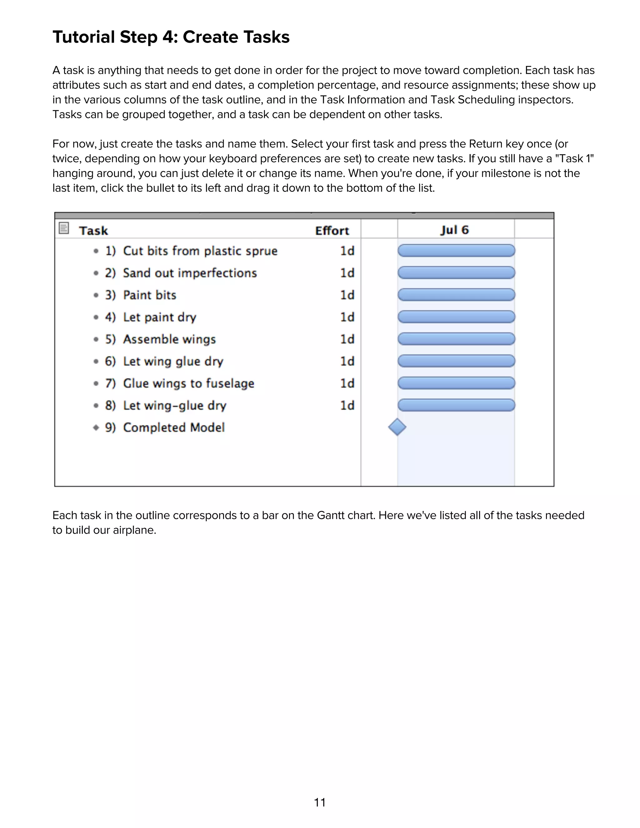 11
Tutorial Step 4: Create Tasks
A task is anything that needs to get done in order for the project to move toward completion. Each task has
attributes such as start and end dates, a completion percentage, and resource assignments; these show up
in the various columns of the task outline, and in the Task Information and Task Scheduling inspectors.
Tasks can be grouped together, and a task can be dependent on other tasks.
For now, just create the tasks and name them. Select your ﬁrst task and press the Return key once (or
twice, depending on how your keyboard preferences are set) to create new tasks. If you still have a "Task 1"
hanging around, you can just delete it or change its name. When you're done, if your milestone is not the
last item, click the bullet to its left and drag it down to the bottom of the list.
Each task in the outline corresponds to a bar on the Gantt chart. Here we've listed all of the tasks needed
to build our airplane.
Tutorial Step 5: Edit the Work Week
 