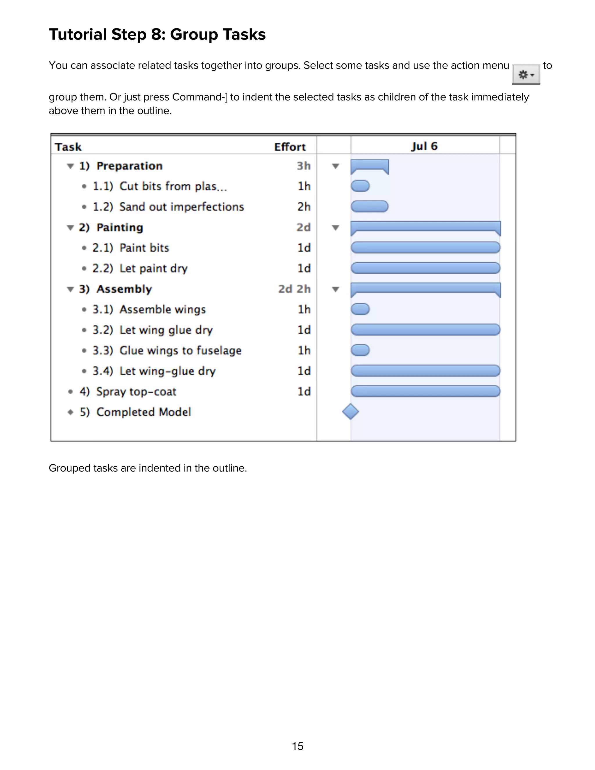15
Tutorial Step 8: Group Tasks
You can associate related tasks together into groups. Select some tasks and use the action menu to
group them. Or just press Command-] to indent the selected tasks as children of the task immediately
above them in the outline.
Grouped tasks are indented in the outline.
Tutorial Step 9: Connect Tasks with Dependency Lines
 