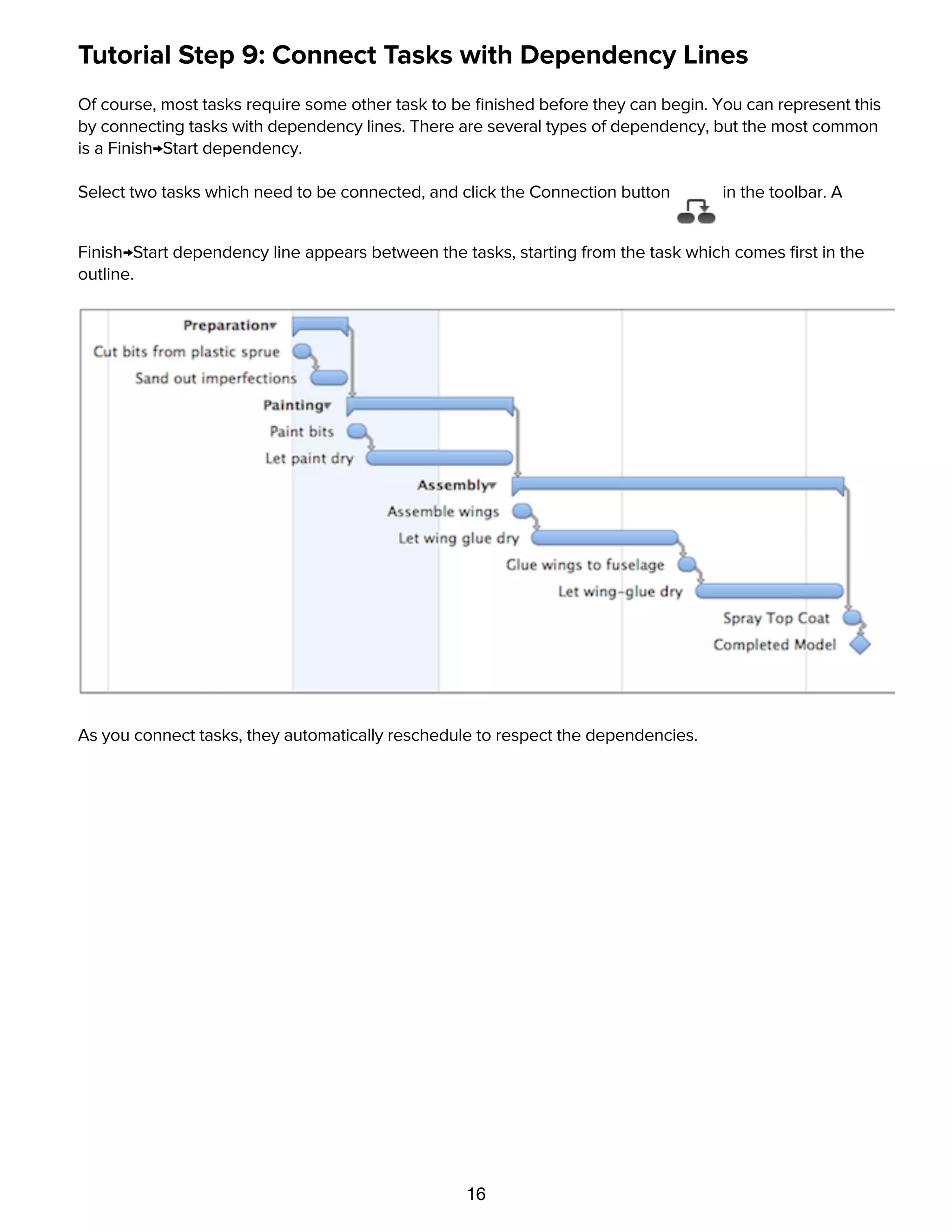 16
Tutorial Step 9: Connect Tasks with Dependency Lines
Of course, most tasks require some other task to be ﬁnished before they can begin. You can represent this
by connecting tasks with dependency lines. There are several types of dependency, but the most common
is a Finish→Start dependency.
Select two tasks which need to be connected, and click the Connection button in the toolbar. A
Finish→Start dependency line appears between the tasks, starting from the task which comes ﬁrst in the
outline.
As you connect tasks, they automatically reschedule to respect the dependencies.
Tutorial Step 10: Create Hammock Tasks
 