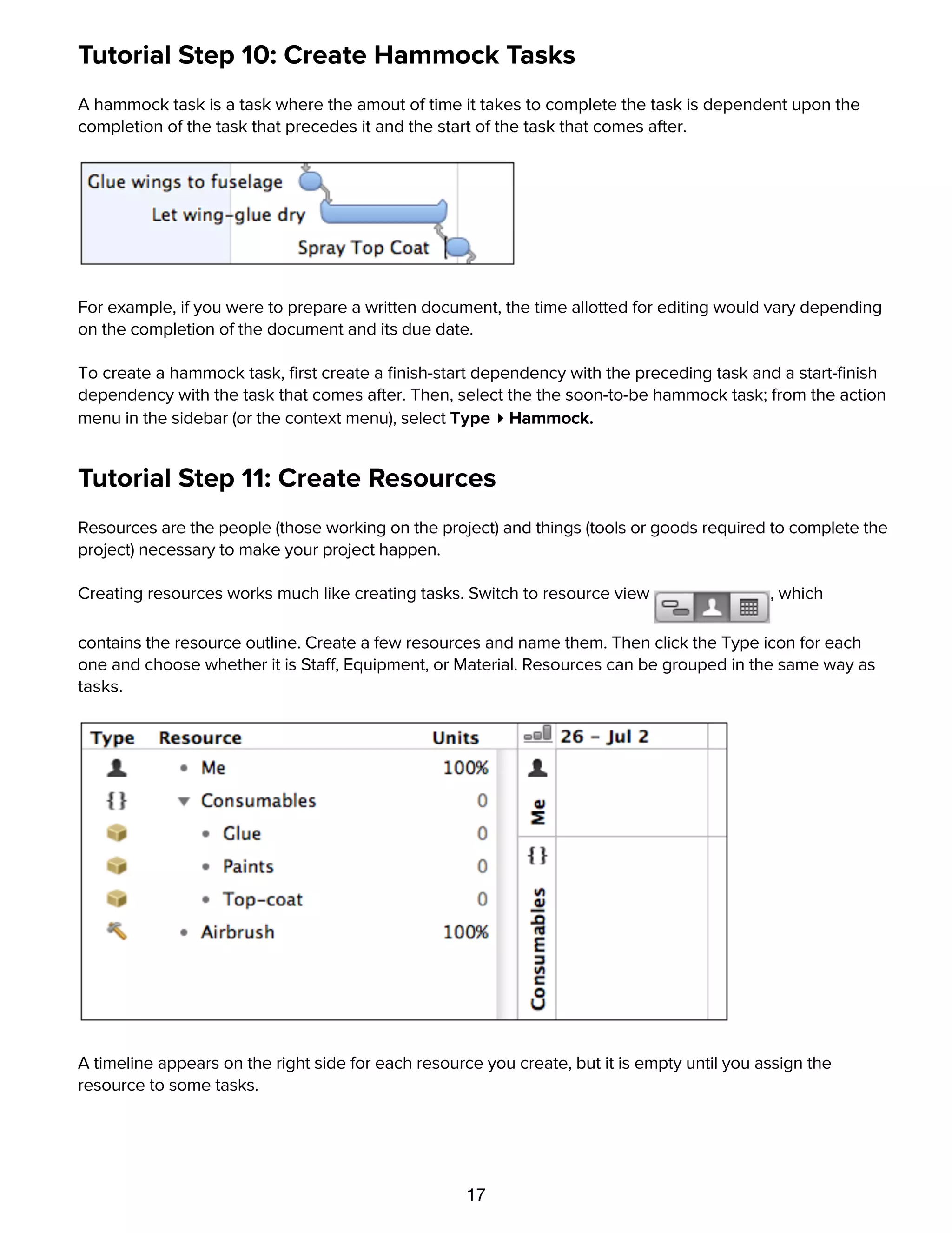 17
Tutorial Step 10: Create Hammock Tasks
A hammock task is a task where the amout of time it takes to complete the task is dependent upon the
completion of the task that precedes it and the start of the task that comes after.
For example, if you were to prepare a written document, the time allotted for editing would vary depending
on the completion of the document and its due date.
To create a hammock task, ﬁrst create a ﬁnish-start dependency with the preceding task and a start-ﬁnish
dependency with the task that comes after. Then, select the the soon-to-be hammock task; from the action
menu in the sidebar (or the context menu), select Type ▸ Hammock.
Tutorial Step 11: Create Resources
Resources are the people (those working on the project) and things (tools or goods required to complete the
project) necessary to make your project happen.
Creating resources works much like creating tasks. Switch to resource view , which
contains the resource outline. Create a few resources and name them. Then click the Type icon for each
one and choose whether it is Staff, Equipment, or Material. Resources can be grouped in the same way as
tasks.
A timeline appears on the right side for each resource you create, but it is empty until you assign the
resource to some tasks.
Tutorial Step 12: Assign Resources
 