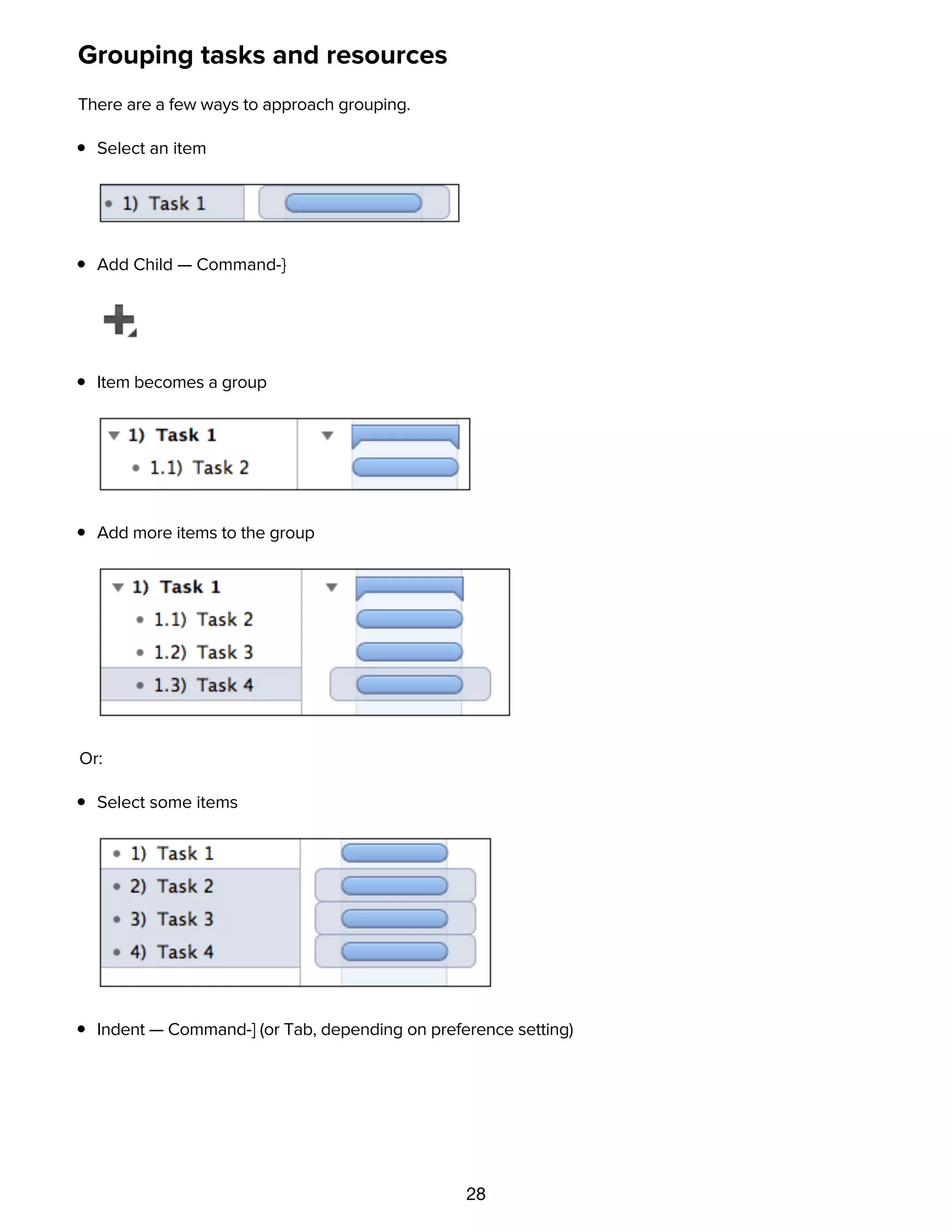 28
Grouping tasks and resources
There are a few ways to approach grouping.
Select an item
Add Child — Command-}
Item becomes a group
Add more items to the group
Or:
Select some items
Indent — Command-] (or Tab, depending on preference setting)
Items become children of previous item
 