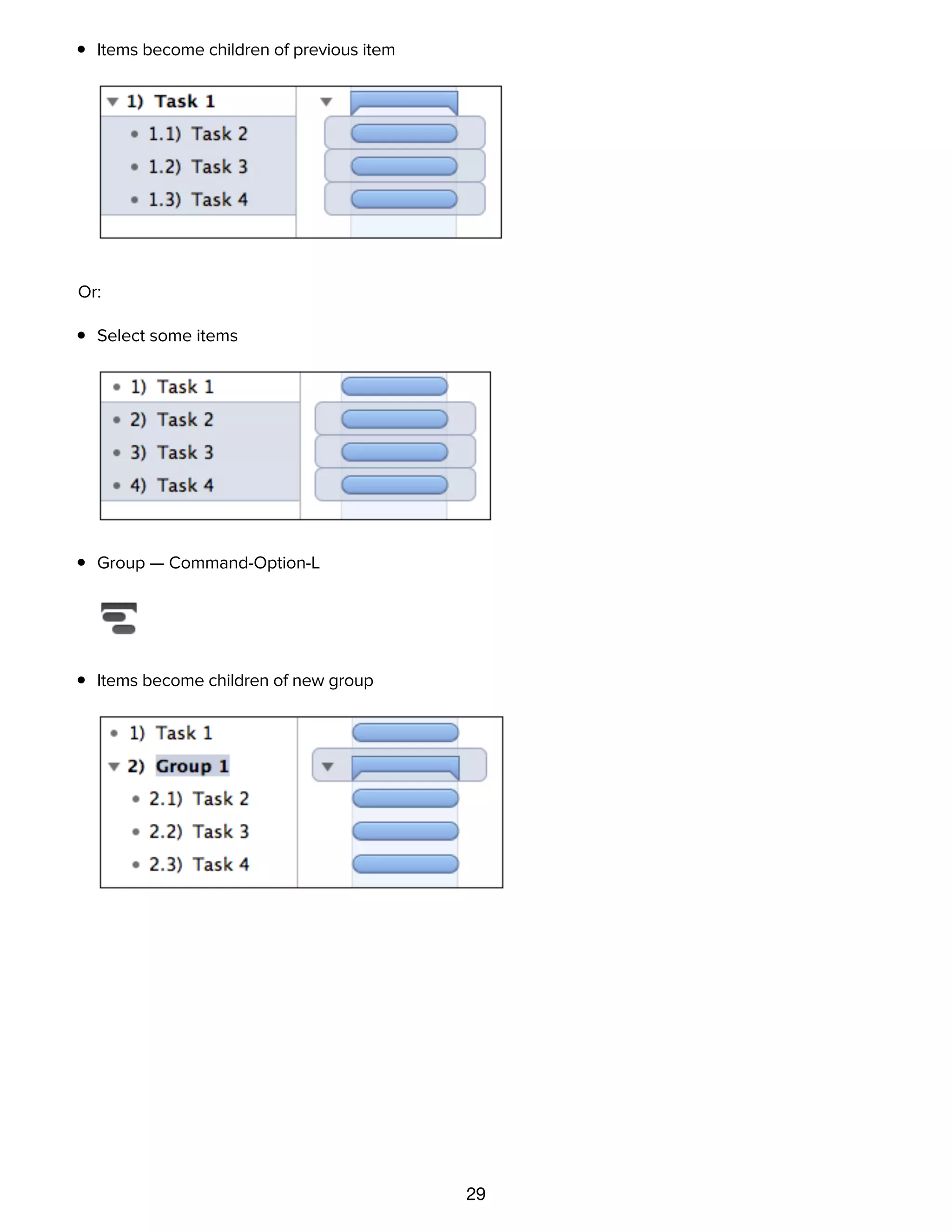 29
Indent — Command-] (or Tab, depending on preference setting)
Items become children of previous item
Or:
Select some items
Group — Command-Option-L
Items become children of new group
Characteristics of task groups
 