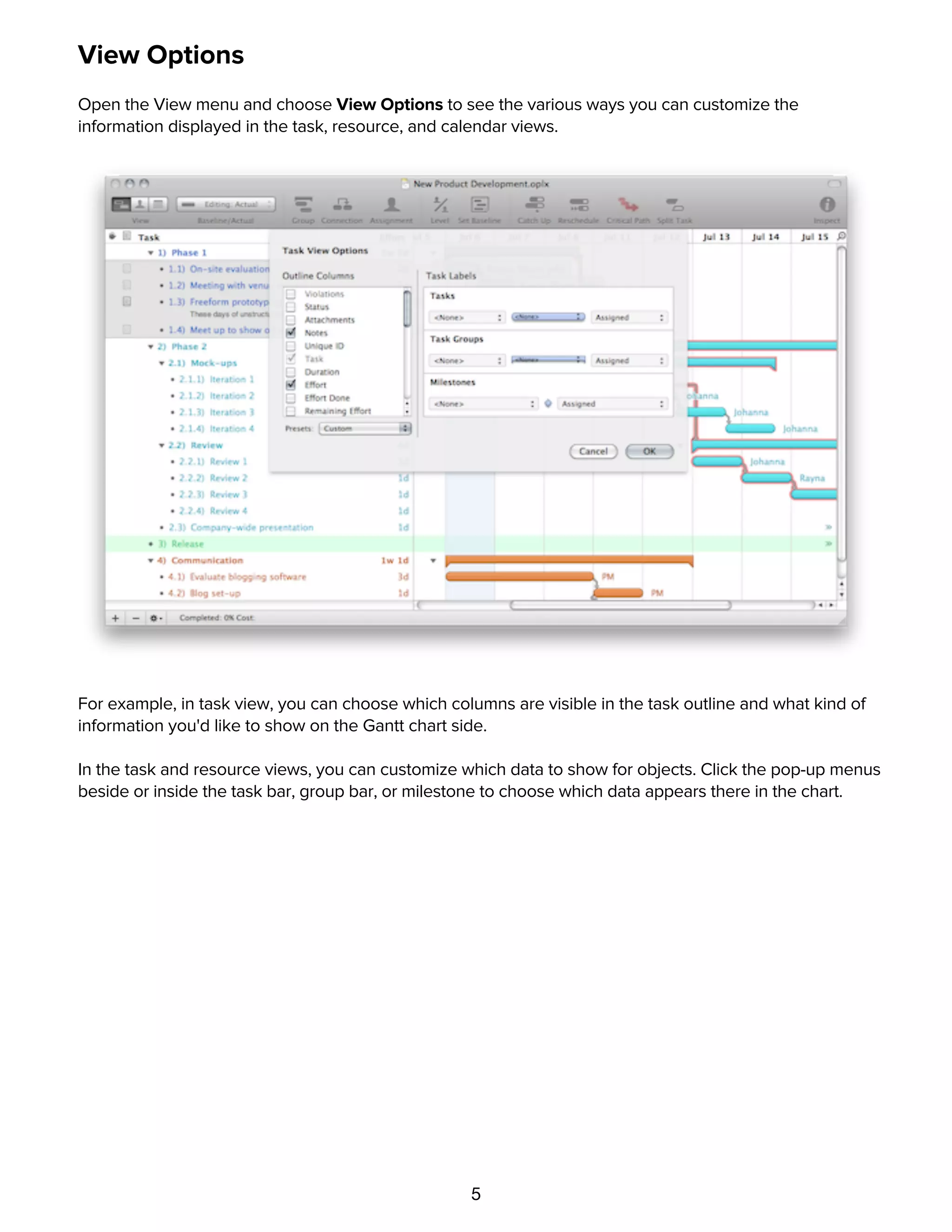 5
View Options
Open the View menu and choose View Options to see the various ways you can customize the
information displayed in the task, resource, and calendar views.
For example, in task view, you can choose which columns are visible in the task outline and what kind of
information you'd like to show on the Gantt chart side.
In the task and resource views, you can customize which data to show for objects. Click the pop-up menus
beside or inside the task bar, group bar, or milestone to choose which data appears there in the chart.
Inspectors
 