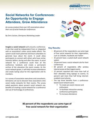 P a g e |1




Social Networks for Conferences:
An Opportunity to Engage
Attendees, Grow Attendance
An survey analysis from over 325 associations about
their use of social media for conferences


By Chris Uschan, Omnipress Marketing Leader




Imagine a social network built around a conference.
                                                         Key Results:
A site that could be independent from or integrated
with an association’s other social media efforts. The         80 percent of the respondents use some type
system could reach potential and future attendees to          of free social network for their organization,
generate buzz about the event. It could allow                 such as LinkedIn, Facebook and Twitter
participants to connect with others who have similar          35 percent have a custom-built social network
interests before, during and after the event. A social        system
network for a conference could host all the                   19 percent have a social network site for their
conference handouts and create a permanent                    conferences
archive of the education the event creates. As the            60 percent of respondents offer wireless
social network grows, it will help increase attendance        internet access at their largest events
and create lasting value for the organization and its         22 percent reported that more than half of
members.                                                      their attendees bring laptops to events; 51
                                                              percent said more than half bring internet-
In a survey of association executives and consultants,        enabled smart phones
Omnipress set out to discover how associations view           The top three benefits from a conference-
social media networks for their events. The survey            based social network were:
asked questions about present social network use,                     To create pre-event interest and
benefits of creating a social network for a conference                enthusiasm
and use of technology at conferences.                                 To facilitate interaction among
                                                                      conference participants
                                                                      To increase attendance




                      80 percent of the respondents use some type of
                         free social network for their organization



omnipress.com                                                                              o
 