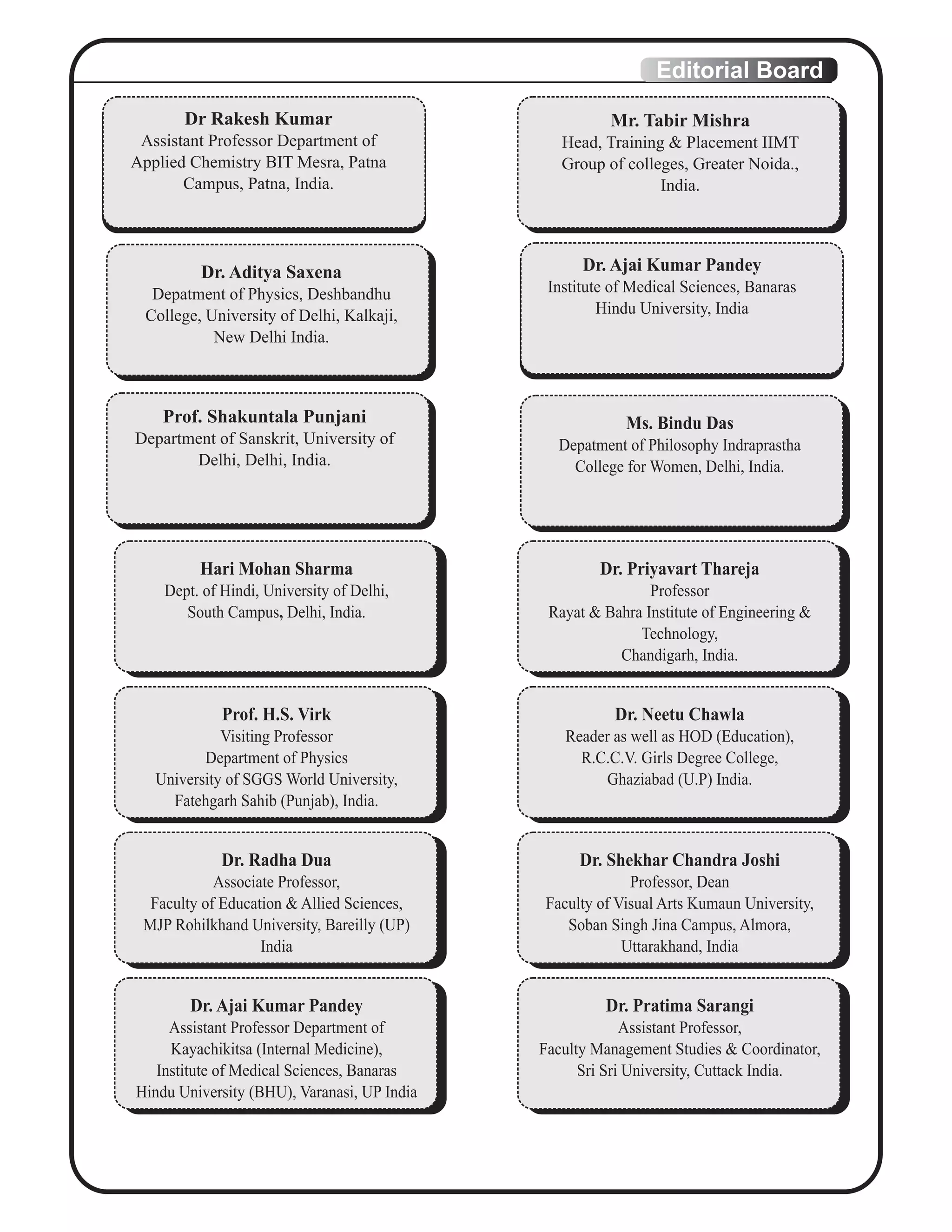 Editorial Board
Dr Rakesh Kumar
Assistant Professor Department of
Applied Chemistry BIT Mesra, Patna
Campus, Patna, India.
Dr. Aditya Saxena
Depatment of Physics, Deshbandhu
College, University of Delhi, Kalkaji,
New Delhi India.
Prof. Shakuntala Punjani
Department of Sanskrit, University of
Delhi, Delhi, India.
Ms. Bindu Das
Depatment of Philosophy Indraprastha
College for Women, Delhi, India.
Dr. Ajai Kumar Pandey
Institute of Medical Sciences, Banaras
Hindu University, India
Mr. Tabir Mishra
Head, Training & Placement IIMT
Group of colleges, Greater Noida.,
India.
Hari Mohan Sharma
Dept. of Hindi, University of Delhi,
South Campus, Delhi, India.
Dr. Priyavart Thareja
Professor
Rayat & Bahra Institute of Engineering &
Technology,
Chandigarh, India.
Prof. H.S. Virk
Visiting Professor
Department of Physics
University of SGGS World University,
Fatehgarh Sahib (Punjab), India.
Dr. Neetu Chawla
Reader as well as HOD (Education),
R.C.C.V. Girls Degree College,
Ghaziabad (U.P) India.
Dr. Radha Dua
Associate Professor,
Faculty of Education & Allied Sciences,
MJP Rohilkhand University, Bareilly (UP)
India
Dr. Shekhar Chandra Joshi
Professor, Dean
Faculty of Visual Arts Kumaun University,
Soban Singh Jina Campus, Almora,
Uttarakhand, India
Dr. Ajai Kumar Pandey
Assistant Professor Department of
Kayachikitsa (Internal Medicine),
Institute of Medical Sciences, Banaras
Hindu University (BHU), Varanasi, UP India
Dr. Pratima Sarangi
Assistant Professor,
Faculty Management Studies & Coordinator,
Sri Sri University, Cuttack India.
 