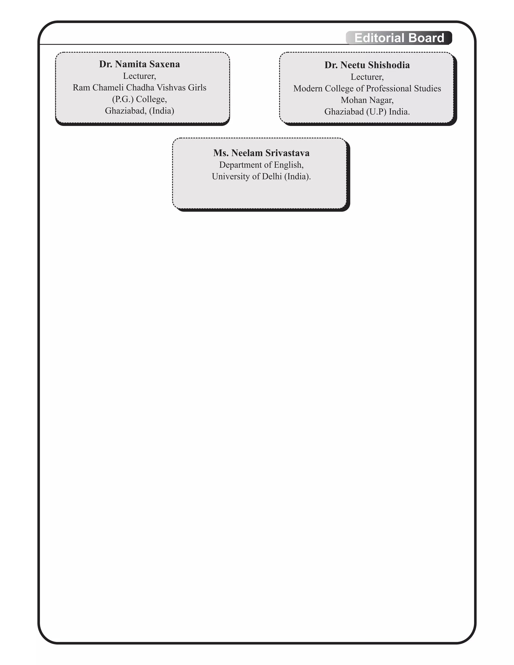 Editorial Board
Dr. Namita Saxena
Lecturer,
Ram Chameli Chadha Vishvas Girls
(P.G.) College,
Ghaziabad, (India)
Ms. Neelam Srivastava
Department of English,
University of Delhi (India).
Dr. Neetu Shishodia
Lecturer,
Modern College of Professional Studies
Mohan Nagar,
Ghaziabad (U.P) India.
 