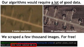 3 meter resolution 50 centimeter resolution
Our algorithms would require a lot of good data.
We scraped a few thousand images. For free!
 