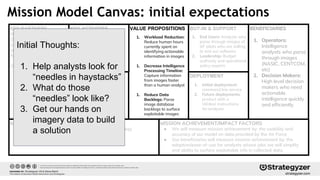 KEY PARTNERS
We will liaison with two
DCGS (Distributed Common
Ground/Surface System)
centers, located at Langley
AFB and Beale AFB
Other Potential Partners:
- Intelligence Analysts
- USAF Weapons School
- DARPA
- KesselRun
- Air Force Research Lab
- Sandia National Labs
- MIT Lincoln Lab
- DIU
- NASIC
KEY RESOURCES
VALUE PROPOSITIONSKEY ACTIVITIES
MISSION ACHIEVEMENT/IMPACT FACTORS
● We will measure mission achievement by: the usability and
accuracy of our model on data provided by the Air Force
● Our beneficiaries will measure mission achievement by: the
adoption/ease-of-use for analysts whose jobs we will simplify
and ability to surface exploitable info in collected data.
DEPLOYMENT
BUY-IN & SUPPORT
MISSION BUDGET/COST
● Budget for training costs (AWS/Azure GPU time)
● Potential costs for proprietary software
BENEFICIARIES
1. Operators:
Intelligence
analysts who parse
through images
(NASIC, CENTCOM,
etc)
2. Decision Makers:
High level decision
makers who need
actionable
intelligence quickly
and efficiently
1. Narrow problem space
2. Access Data
3. Build model by
augmenting
YOLO/existing models
4. Test model
1. Analysts who manually
identify actionable intel
(to provide insight on
what is considered
valuable data + provide
robustly labeled data)
2. AWS/Azure for training
3. Lots of data
1. Workload Reduction:
Reduce human hours
currently spent on
identifying actionable
information in images
1. Decrease Intelligence
Processing Timeline:
Capture information
from images faster
than a human analyst
1. Reduce Data
Backlogs: Parse
image database
backlogs to surface
exploitable images
1. End Users: Analysts who
parse through images of
AF pilots who are willing
to test our software
2. Leadership: Budget
authority and operational
policy experts
1. Initial deployment:
command line service
2. Future deployments:
product with a
UI/clear instructions
for analysts
Mission Model Canvas: initial expectations
Initial Thoughts:
1. Help analysts look for
“needles in haystacks”
2. What do those
“needles” look like?
3. Get our hands on
imagery data to build
a solution
 