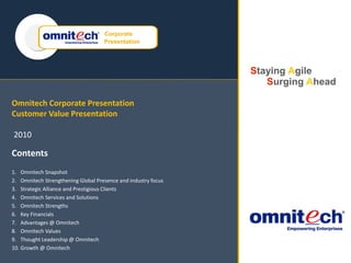 Omnitech DR BCP
Consulting Services
SAP
ENTERPRISE
SUPPORT
Corporate
Presentation
Staying Agile
Surging Ahead
Omnitech Corporate Presentation
Customer Value Presentation
2010
Contents
1. Omnitech Snapshot
2. Omnitech Strengthening Global Presence and industry focus
3. Strategic Alliance and Prestigious Clients
4. Omnitech Services and Solutions
5. Omnitech Strengths
6. Key Financials
7. Advantages @ Omnitech
8. Omnitech Values
9. Thought Leadership @ Omnitech
10. Growth @ Omnitech
 