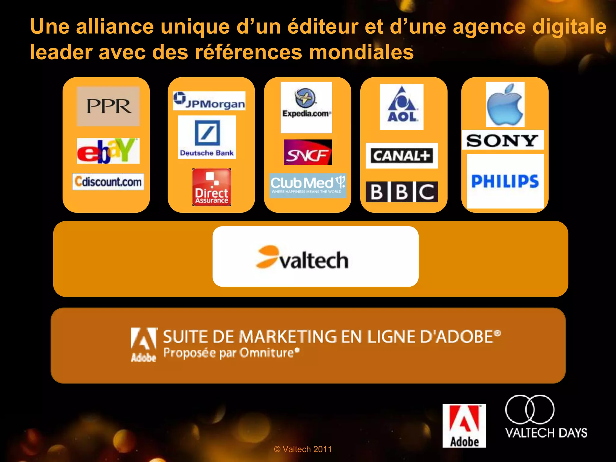 Une alliance unique d’un éditeur et d’une agence digitale
leader avec des références mondiales




                        © Valtech 2011
 