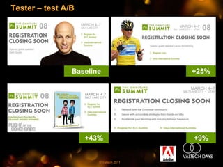 Tester – test A/B




                Baseline                +25%




                    +43%                +9%


                       © Valtech 2011
 