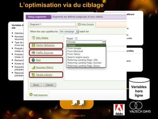 L’optimisation via du ciblage
                                                                     Variables du référent
                                    Variables d'environnement


                                                                 Domaine de
                                       Adresse IP
                                                                     référence
Variables de comportement de
site                                   Pays d'origine
                                                                    ID de campagne
                                       Fuseau horaire
                                                                    Société affiliée
 Client/prospect                      Système
                                                                    Paiement au clic
 Nouveau visiteur/visiteur             d'exploitation
                                                                    Recherche naturelle
   récurrent                         Type de navigateur
 Type de comportement lors                                         Direct/signet
                                     Résolution d'écran
   d’une visite précédente
 Produits d'intérêt précédents –
   niveau supérieur                                                 Variables temporelles
 Produits d'intérêt précédents –
   niveau inférieur                                                Heure du jour
 Recherches                                                       Jour de la semaine
 Achats en ligne précédents                                       Récence
 Exposition de la campagne                                        Fréquence
   précédente
 Réponses à la campagne
   précédente




                                                                                         Variables
                                     Hautement prédictif                                   hors
                                         Profil anonyme
                                                                                           ligne




                                              © Valtech 2011
 