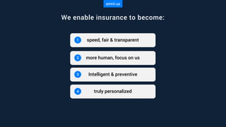 We enable insurance to become:
speed, fair & transparent1
more human, focus on us2
Intelligent & preventive3
truly personalized4
 