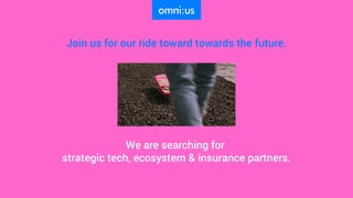 Join us for our ride toward towards the future.
We are searching for
strategic tech, ecosystem & insurance partners.
 