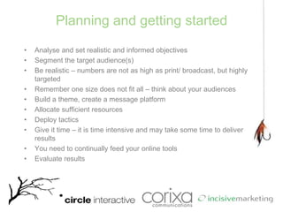 Planning and getting startedAnalyse and set realistic and informed objectivesSegment the target audience(s)Be realistic – numbers are not as high as print/ broadcast, but highly targetedRemember one size does not fit all – think about your audiencesBuild a theme, create a message platformAllocate sufficient resourcesDeploy tacticsGive it time – it is time intensive and may take some time to deliver resultsYou need to continually feed your online toolsEvaluate results