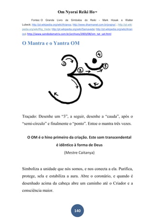 Om Nyorai Reiki Ho™
        Fontes: O    Grande    Livro   de   Símbolos    do   Reiki   -   Mark   Hosak    e   Walter
Lubeck; http://pt.wikipedia.org/wiki/Arianos; http://www.dharmanet.com.br/prajna/; ; http://pt.wiki
pedia.org/wiki/Rig_Veda; http://pt.wikipedia.org/wiki/Samaveda; http://pt.wikipedia.org/wiki/Arian
os); http://www.saindodamatrix.com.br/archives/2003/08/om_tat_sat.html


O Mantra e o Yantra OM




Traçado: Desenhe um “3”, a seguir, desenhe a “cauda”, após o
“semi-círculo” e finalmente o “ponto”. Entoe o mantra três vezes.


    O OM é o hino primeiro da criação. Este som transcendental
                              é idêntico à forma de Deus
                                       (Mestre Caitanya)


Simboliza a unidade que nós somos, e nos conecta a ela. Purifica,
protege, sela e estabiliza a aura. Abre o coronário, e quando é
desenhado acima da cabeça abre um caminho até o Criador e a
consciência maior.



                                               140
 