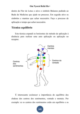 Om Nyorai Reiki Ho™

dentro da Flor de Lotus e ative o símbolo Bekanze pedindo ao
Buda da Medicina que ajude no processo. Em seguida ative os
símbolos e mantras que achar necessário. Faça o processo de
aplicação o tempo que achar necessário.

Técnica equilíbrio

     Esta técnica expandi os horizontes do método de aplicação à
distância para realizar uma auto aplicação ou aplicação no
receptor.


                                          Centros
                                          mentais




                                              Centros da
 Centros
                                              vontade
 dos
 sentimentos




    É interessante esclarecer a importância do equilíbrio dos
chakras dos centros dos sentimentos, vontade e mentais. Por
exemplo: se os centros dos sentimentos estão em equilíbrio e os


                              145
 