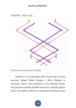 Om Nyorai Reiki Ho™



Símbolo – Om Gam




Om Gam Ganapataye Namaha

     Ganesha é o som primordial, OM, do qual todos os hinos
nasceram. Quando Shakti (Energia) e Shiva (Matéria) se
encontram, ambos o Som (Ganesha) e a Luz (Skanda) nascem.
Ele representa o perfeito equilíbrio entre força e bondade, poder e
beleza. Ele também simboliza as capacidades discriminativas que




                               152
 