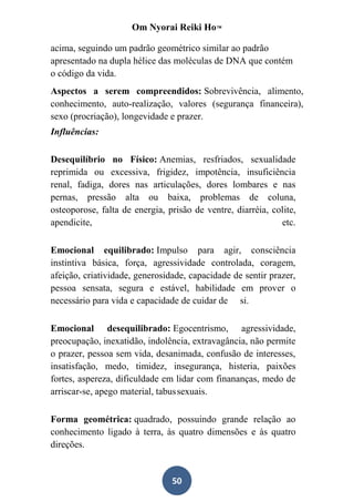 Om Nyorai Reiki Ho™

acima, seguindo um padrão geométrico similar ao padrão
apresentado na dupla hélice das moléculas de DNA que contém
o código da vida.
Aspectos a serem compreendidos: Sobrevivência, alimento,
conhecimento, auto-realização, valores (segurança financeira),
sexo (procriação), longevidade e prazer.
Influências:

Desequilíbrio no Físico: Anemias, resfriados, sexualidade
reprimida ou excessiva, frigidez, impotência, insuficiência
renal, fadiga, dores nas articulações, dores lombares e nas
pernas, pressão alta ou baixa, problemas de coluna,
osteoporose, falta de energia, prisão de ventre, diarréia, colite,
apendicite,                                                  etc.

Emocional equilibrado: Impulso para agir, consciência
instintiva básica, força, agressividade controlada, coragem,
afeição, criatividade, generosidade, capacidade de sentir prazer,
pessoa sensata, segura e estável, habilidade em prover o
necessário para vida e capacidade de cuidar de si.

Emocional desequilibrado: Egocentrismo, agressividade,
preocupação, inexatidão, indolência, extravagância, não permite
o prazer, pessoa sem vida, desanimada, confusão de interesses,
insatisfação, medo, timidez, insegurança, histeria, paixões
fortes, aspereza, dificuldade em lidar com finananças, medo de
arriscar-se, apego material, tabus sexuais.

Forma geométrica: quadrado, possuindo grande relação ao
conhecimento ligado à terra, às quatro dimensões e às quatro
direções.


                                50
 
