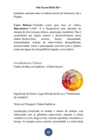 Om Nyorai Reiki Ho™

kundalini, nutrindo todos os chakras através de Sushumna, Ida e
Píngala.


Cores Básicas: Vermelho (varia para roxo ou vinho).
Bija-mantra: "LAM". É o Responsável pela absorção de
energia da terra (energia telúrica, geoenergia, kundalini). Não é
aconselhado por alguns autores o desenvolvimento desse
chakra. Ilusão,cólera,     avareza,     desejo,    sensualidade,
territorialidade, instinto de sobrevivência desequilibrado,
possessividade, temor e preocupação excessiva com o próprio
corpo são algum dos desequilíbrios ligados a esse chakra.




Swadhishtana Chakra
Chakra do Baço ou Esplênico - Chakra Sexual :




Significado do Nome: Lugar-Morada do Ser ou o "Fundamento
de si próprio".

Nome em Português: Chakra Esplênico.

Localização: Localizado na lombar e abaixo do umbigo, está
relacionado com as glândulas supra-renais, regendo a coluna
vertebral e os rins. Rege os rins, sistema reprodutor, circulatório e
bexiga. As energias como a paixão, sensualidade e a criatividade



                                 52
 
