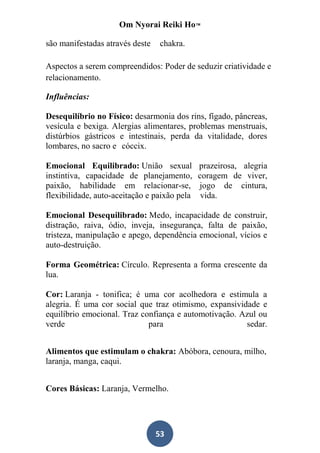 Om Nyorai Reiki Ho™

são manifestadas através deste   chakra.

Aspectos a serem compreendidos: Poder de seduzir criatividade e
relacionamento.

Influências:

Desequilíbrio no Físico: desarmonia dos rins, fígado, pâncreas,
vesícula e bexiga. Alergias alimentares, problemas menstruais,
distúrbios gástricos e intestinais, perda da vitalidade, dores
lombares, no sacro e cóccix.

Emocional Equilibrado: União sexual           prazeirosa, alegria
instintiva, capacidade de planejamento,       coragem de viver,
paixão, habilidade em relacionar-se,          jogo de cintura,
flexibilidade, auto-aceitação e paixão pela    vida.

Emocional Desequilibrado: Medo, incapacidade de construir,
distração, raiva, ódio, inveja, insegurança, falta de paixão,
tristeza, manipulação e apego, dependência emocional, vícios e
auto-destruição.

Forma Geométrica: Círculo. Representa a forma crescente da
lua.

Cor: Laranja - tonifica; é uma cor acolhedora e estimula a
alegria. É uma cor social que traz otimismo, expansividade e
equilíbrio emocional. Traz confiança e automotivação. Azul ou
verde                        para                      sedar.


Alimentos que estimulam o chakra: Abóbora, cenoura, milho,
laranja, manga, caqui.


Cores Básicas: Laranja, Vermelho.




                                 53
 