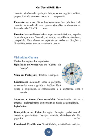 Om Nyorai Reiki Ho™

coração, desfazendo qualquer bloqueio na região cardíaca,
proporcionando controle sobre a   respiração.

Elemento: Ar - Auxilia o funcionamento dos pulmões e do
coração. A estrela de seis pontas simboliza o elemento ar.
Fases da vida: 21 a 28   anos.

Funções: Intermedia os chakras superiores e inferiores; impulso
de se abraçar a sua Verdade, ao Amor; reequilíbrio; altruísmo;
compaixão. Este chakra se expande em todas as direções e
dimensões, como uma estrela de seis pontas.




Vishuddha Chakra
Chakra Laríngeo – Laringochakra
Significado do Nome: Puro ou "Centro da
     Pureza".

Nome em Português: Chakra Laríngeo.

Localização: Localizado sobre a garganta,
se comunica com a glândula tireóide. Está
ligado à inspiração, a comunicação e a expressão com o
     mundo.

Aspectos a serem Compreendidos: Comunicação interna e
externa - esclarecimento que conduz ao estado de consciência.
Influências:

Desequilíbrio no Físico: Laringite, faringite, problemas de
tiróide e paratireóide, doenças mentais, distúrbios da fala,
gagueira                      e                      surdez.

Emocional Equilibrado: Sensibilidade, criatividade artística,


                               58
 