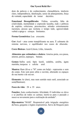 Om Nyorai Reiki Ho™

dom da palavra e do conhecimento, claraudiência, intelecto
claro, independência, idealização, senso de planejamento, força
de vontade, capacidade de tomar decisões.

Emocional Desequilibrado: Fobias, covardia, falta de
criatividade, mentalidade e expressão tacanha, rude e pobreza
de espírito, criticismo, preconceitos, atitudes extremamente
racionais, pessoa que reclama o tempo todo, agressividade
verbal e apego a crenças limitantes.

Forma Geométrica: Lua crescente.

Cor: Azul - atua como tranqüilizante na aura. É calmante do
sistema nervoso, e equilibrador nos casos de obsessão.

Cores Básicas: Azul-Celeste, Lilás, Amarelo.

Alimentos que estimulam o chakra: Ameixa preta, uva passa,
amoras, peixes, aspargos, batatas.

Gemas: Safira azul, lápis lazuli, sodalita, azulita, ágata
marinha, turquesa e calcita azul.

Mantra: Ham (lê-se o "H" como em help) - representa o som
do corpo. Este som puro afeta o ouvinte, alterando os espaços
de sua mente e de seu ser.

Elemento: Ar (éter), mas num sentido mais sutil, associado ao
som(Mantram).

Fases da vida: 28 a 35 anos.

Funções: Auto conhecimento; felicidade; O indivíduo se eleva
e se purifica de todos os carmas; morre-se para o passado e
nasce-se novamente para a realização da unidade".

Bija-mantra: "HAM". Responsável pela irrigação energética
da boca, garganta e órgãos respiratórios. Serve de bloqueio para

                               59
 