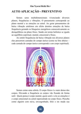 Om Nyorai Reiki Ho™

AUTO APLICAÇÃO - PREVENTIVO

      Somos seres multidimensionais vivenciando diversos
planos, frequências e vibrações. O pensamento corresponde ao
plano mental e as emoções ao astral. Ao gerar pensamentos de
baixa vibração emitimos em efeito domino emoções de baixa
frequência gerando os bloqueios energéticos consecutivamente os
desiquilíbrios no plano físico. Saúde em termo holístico se iguala
ao equilíbrio espiritual, mental, emocional e físico.
      Ao emitir frequências de baixa vibração nos diversos planos
elas percorrem camadas do campo áurico (como na foto abaixo –
cada camada do campo áurico corresponde a um corpo espiritual).




      Somos como uma cebola. O corpo físico é o mais denso dos
corpos. Elevando a frequência os corpos vão ficando de forma
sutil. Quem pensa é corpo mental, quem senti e cria as emoções é
o corpo emocional ou astral repercutindo no corpo físico. Perceba
como alguém com raiva, envergonhado, feliz e etc muda sua


                               93
 
