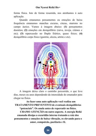 Om Nyorai Reiki Ho™

forma física. Isto de forma resumida, nos atenhamos à auto
aplicação.
      Quando emanamos pensamentos ou emoções de baixa
frequência emanamos manchas escuras, cinzas, marrons no
campo áurico. Vamos à imagem abaixo: (1) pensamentos
doentios; (2) emoções em desiquilíbrio (raiva, inveja, ciúmes e
etc); (3) repercussão no Duplo Etérico, quase físico; (4)
desiquilíbrio corpo físico (gastrite, ulcera, artrite e etc).




      A imagem deixa claro o caminho percorrido, o que leva
dias, meses ou anos dependendo da intensidade do emanador para
chegar no físico.
            Ao fazer uma auto aplicação você realiza um
 TRATAMENTO PREVENTIVO de eventuais desiquilíbrios
      “potenciais”. Os anula antes de repercutir no físico.
      CHAMO ATENÇÃO em outro aspecto. A energia Reiki
   emanada dissipa a escuridão interna tratando a raiz dos
pensamentos e emoções de baixa vibração, os elevando para o
                amor, compaixão, paciência e fé.


                              94
 