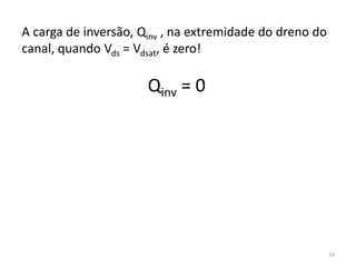 19
A carga de inversão, Qinv , na extremidade do dreno do
canal, quando Vds = Vdsat, é zero!
Qinv = 0
 
