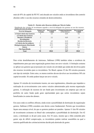 98
mais de 85% do capital de PE/VC está alocado em veículos onde os investidores têm controle
absoluto sobre o uso dos recursos oriundos de desinvestimentos.
Tabela 34 – Decisão sobre Recursos obtidos por Meio de Saídas
Distribuição dos veículos de investimento segundo o nível de delegação dos gestores no uso dos recursos
obtidos por meio de saídas.
Nível de Delegação
Número de
Veículos
Percentagem
Válida
Comprometimento
(US$ bilhões)
Percentagem
Válida
A Total Critério dos Gestores 4 4,5 0,45 9,1
A Critério dos Gestores
Durante o Período de
Investimentos
2 2,2 0,05 1,0
Decisão da Diretoria 4 4,5 0,19 3,7
A Critério dos Investidores 17 19,1 0,54 11,0
Obrigatoriamente Distribuído 60 67,5 3,67 74,2
Outros 2 2,2 0,05 1,0
Não Especificado 1 - 0,12 -
Total 90 100,0 5,07 100,0
Para evitar desalinhamento de interesses, Sahlman (1990) também relata a existência de
impedimentos para que uma organização gestora lance um novo veículo. A limitação costuma
se aplicar aos gestores que já possuem um veículo em atividade que ainda não devolveu parte
dos recursos investidos para os investidores. No Brasil, apenas 22 dos 90 veículos possuem
este tipo de restrição. Entre estes, os menos restritos devem devolver aos investidores 50% do
capital investido. Só então podem lançar um novo veículo.
Apenas 18 veículos de investimento trazem, em seus regulamentos, cláusulas que impedem a
realização de co-investimentos com outros veículos administrados pela mesma organização
gestora. A utilização de recursos de um fundo para investimento em empresa que está no
portfolio de outro fundo pode gerar oportunidade para que certos investidores sejam
beneficiados às custas dos demais.
Em casos onde os conflitos afloram, ainda existe a possibilidade de destituição da organização
gestora. Sahlman (1990) considera este direito como fundamental. Permite que investidores
façam uma ameaça crível, de que os gestores podem ser punidos. Apenas 11 dos 90 veículos
de investimento existentes no Brasil não contemplam a possibilidade de destituição. Em 42
casos, a destituição se dá por justa causa. Em 34 casos, mesmo que a falta cometida pelo
gestor seja de difícil comprovação, os investidores podem realizar assembléia na qual a
maioria qualificada dos cotistas/acionistas decide pela demissão do gestor.
 