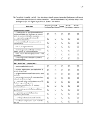 129
31- Complete o quadro a seguir com sua concordância quanto às características necessárias ou
impeditivas à realização de um investimento. Caso a assertiva não faça sentido para o tipo
de negócio que sua organização realiza, deixe-a em branco.
Assertivas
Concordo
totalmente
Concordo
parcialmente
Neutro
Discordo
parcialmente
Discordo
totalmente
Não investimos quando...
... o empresário exige que assinemos termo de
confidencialidade (non-disclosure agreement)
antes de nos mostrar detalhes do projeto
... a empresa tem um grande número de
investidores minoritários
... parte ou a totalidade dos negócios está na
informalidade
... trata-se de empresa familiar
... não se chega a um acordo prévio sobre os
termos básicos do acordo de acionistas
... temos poucos elementos para calcular o valor
da empresa
... não se chega a um acordo prévio quanto à
estratégia de saída
Para investirmos é essencial que...
... possamos adquirir o controle
... os outros acionistas nos concedam direito de
arraste (drag along)
... os balanços e demonstrativos existentes sejam
auditados
... os principais executivos da empresa assinem
cláusula de não-competição
... a empresa já tenha recebido algum capital de
business angels ou do governo
... tenhamos uma idéia clara da saída que
teremos no futuro
... os principais gestores tenham estudado em
boas escolas
... os principais gestores tenham sólida
experiência profissional
... o CFO seja substituído/indicado por nós
... os auditores independentes sejam escolhidos
por nós
 