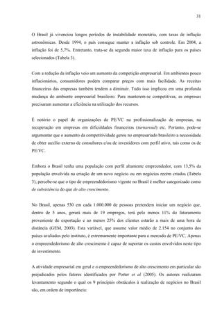 31
O Brasil já vivenciou longos períodos de instabilidade monetária, com taxas de inflação
astronômicas. Desde 1994, o país consegue manter a inflação sob controle. Em 2004, a
inflação foi de 5,7%. Entretanto, trata-se da segunda maior taxa de inflação para os países
selecionados (Tabela 3).
Com a redução da inflação veio um aumento da competição empresarial. Em ambientes pouco
inflacionários, consumidores podem comparar preços com mais facilidade. As receitas
financeiras das empresas também tendem a diminuir. Tudo isso implicou em uma profunda
mudança do ambiente empresarial brasileiro. Para manterem-se competitivas, as empresas
precisaram aumentar a eficiência na utilização dos recursos.
É notório o papel de organizações de PE/VC na profissionalização de empresas, na
recuperação em empresas em dificuldades financeiras (turnaroud) etc. Portanto, pode-se
argumentar que o aumento da competitividade gerou no empresariado brasileiro a necessidade
de obter auxílio externo de consultores e/ou de investidores com perfil ativo, tais como os de
PE/VC.
Embora o Brasil tenha uma população com perfil altamente empreendedor, com 13,5% da
população envolvida na criação de um novo negócio ou em negócios recém criados (Tabela
3), percebe-se que o tipo de empreendedorismo vigente no Brasil é melhor categorizado como
de subsistência do que de alto crescimento.
No Brasil, apenas 530 em cada 1.000.000 de pessoas pretendem iniciar um negócio que,
dentro de 5 anos, gerará mais de 19 empregos, terá pelo menos 11% do faturamento
proveniente de exportação e ao menos 25% dos clientes estarão a mais de uma hora de
distância (GEM, 2003). Esta variável, que assume valor médio de 2.154 no conjunto dos
países avaliados pelo instituto, é extremamente importante para o mercado de PE/VC. Apenas
o empreendedorismo de alto crescimento é capaz de suportar os custos envolvidos neste tipo
de investimento.
A atividade empresarial em geral e o empreendedorismo de alto crescimento em particular são
prejudicados pelos fatores identificados por Porter et al (2005). Os autores realizaram
levantamento segundo o qual os 9 principais obstáculos à realização de negócios no Brasil
são, em ordem de importância:
 