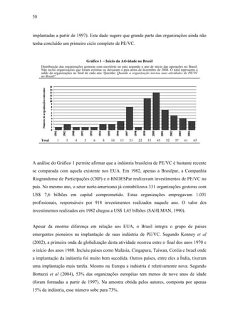 58
implantadas a partir de 1997). Este dado sugere que grande parte das organizações ainda não
tenha concluído um primeiro ciclo completo de PE/VC.
Gráfico 1 – Início da Atividade no Brasil
Distribuição das organizações gestoras com escritório no país segundo o ano de início das operações no Brasil.
Não inclui organizações que foram extintas ou deixaram o país antes de dezembro de 2004. O total representa o
saldo de organizações ao final de cada ano. Questão: Quando a organização iniciou suas atividades de PE/VC
no Brasil?
Total 1 3 4 5 6 8 10 13 21 22 33 45 52 57 61 65
A análise do Gráfico 1 permite afirmar que a indústria brasileira de PE/VC é bastante recente
se comparada com aquela existente nos EUA. Em 1982, apenas a Brasilpar, a Companhia
Riograndense de Participações (CRP) e o BNDESPar realizavam investimentos de PE/VC no
país. No mesmo ano, o setor norte-americano já contabilizava 331 organizações gestoras com
US$ 7,6 bilhões em capital comprometido. Estas organizações empregavam 1.031
profissionais, responsáveis por 918 investimentos realizados naquele ano. O valor dos
investimentos realizados em 1982 chegou a US$ 1,45 bilhões (SAHLMAN, 1990).
Apesar da enorme diferença em relação aos EUA, o Brasil integra o grupo de países
emergentes pioneiros na implantação de suas indústria de PE/VC. Segundo Kenney et al
(2002), a primeira onda de globalização desta atividade ocorreu entre o final dos anos 1970 e
o início dos anos 1980. Incluiu países como Malásia, Cingapura, Taiwan, Coréia e Israel onde
a implantação da indústria foi muito bem sucedida. Outros países, entre eles a Índia, tiveram
uma implantação mais tardia. Mesmo na Europa a indústria é relativamente nova. Segundo
Bottazzi et al (2004), 53% das organizações européias tem menos de nove anos de idade
(foram formadas a partir de 1997). Na amostra obtida pelos autores, composta por apenas
15% da indústria, esse número sobe para 73%.
 
