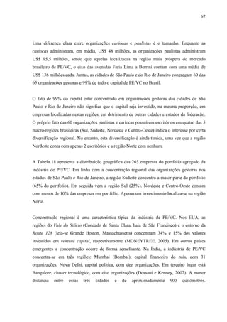 67
Uma diferença clara entre organizações cariocas e paulistas é o tamanho. Enquanto as
cariocas administram, em média, US$ 48 milhões, as organizações paulistas administram
US$ 95,5 milhões, sendo que aquelas localizadas na região mais próspera do mercado
brasileiro de PE/VC, o eixo das avenidas Faria Lima a Berrini contam com uma média de
US$ 136 milhões cada. Juntas, as cidades de São Paulo e do Rio de Janeiro congregam 60 das
65 organizações gestoras e 99% de todo o capital de PE/VC no Brasil.
O fato de 99% do capital estar concentrado em organizações gestoras das cidades de São
Paulo e Rio de Janeiro não significa que o capital seja investido, na mesma proporção, em
empresas localizadas nestas regiões, em detrimento de outras cidades e estados da federação.
O próprio fato das 60 organizações paulistas e cariocas possuírem escritórios em quatro das 5
macro-regiões brasileiras (Sul, Sudeste, Nordeste e Centro-Oeste) indica o interesse por certa
diversificação regional. No entanto, esta diversificação é ainda tímida, uma vez que a região
Nordeste conta com apenas 2 escritórios e a região Norte com nenhum.
A Tabela 18 apresenta a distribuição geográfica das 265 empresas do portfolio agregado da
indústria de PE/VC. Em linha com a concentração regional das organizações gestoras nos
estados de São Paulo e Rio de Janeiro, a região Sudeste concentra a maior parte do portfolio
(65% do portfolio). Em seguida vem a região Sul (25%). Nordeste e Centro-Oeste contam
com menos de 10% das empresas em portfolio. Apenas um investimento localiza-se na região
Norte.
Concentração regional é uma característica típica da indústria de PE/VC. Nos EUA, as
regiões do Vale do Silício (Condado de Santa Clara, baia de São Francisco) e o entorno da
Route 128 (leia-se Grande Boston, Massachussetts) concentram 34% e 15% dos valores
investidos em venture capital, respectivamente (MONEYTREE, 2005). Em outros países
emergentes a concentração ocorre de forma semelhante. Na Índia, a indústria de PE/VC
concentra-se em três regiões: Mumbai (Bombai), capital financeira do país, com 31
organizações. Nova Delhi, capital política, com dez organizações. Em terceiro lugar está
Bangalore, cluster tecnológico, com oito organizações (Dossani e Kenney, 2002). A menor
distância entre essas três cidades é de aproximadamente 900 quilômetros.
 