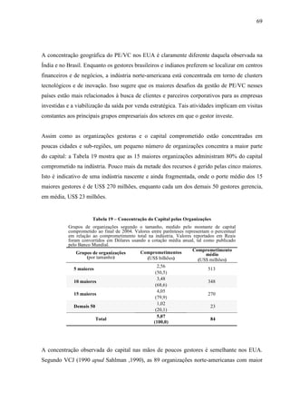 69
A concentração geográfica do PE/VC nos EUA é claramente diferente daquela observada na
Índia e no Brasil. Enquanto os gestores brasileiros e indianos preferem se localizar em centros
financeiros e de negócios, a indústria norte-americana está concentrada em torno de clusters
tecnológicos e de inovação. Isso sugere que os maiores desafios da gestão de PE/VC nesses
países estão mais relacionados à busca de clientes e parceiros corporativos para as empresas
investidas e a viabilização da saída por venda estratégica. Tais atividades implicam em visitas
constantes aos principais grupos empresariais dos setores em que o gestor investe.
Assim como as organizações gestoras e o capital comprometido estão concentradas em
poucas cidades e sub-regiões, um pequeno número de organizações concentra a maior parte
do capital: a Tabela 19 mostra que as 15 maiores organizações administram 80% do capital
comprometido na indústria. Pouco mais da metade dos recursos é gerido pelas cinco maiores.
Isto é indicativo de uma indústria nascente e ainda fragmentada, onde o porte médio dos 15
maiores gestores é de US$ 270 milhões, enquanto cada um dos demais 50 gestores gerencia,
em média, US$ 23 milhões.
Tabela 19 – Concentração do Capital pelas Organizações
Grupos de organizações segundo o tamanho, medido pelo montante de capital
comprometido ao final de 2004. Valores entre parênteses representam o percentual
em relação ao comprometimento total na indústria. Valores reportados em Reais
foram convertidos em Dólares usando a cotação média anual, tal como publicado
pelo Banco Mundial.
Grupos de organizações
(por tamanho)
Comprometimentos
(US$ bilhões)
Comprometimento
médio
(US$ milhões)
2,56
5 maiores
(50,5)
513
3,48
10 maiores
(68,6)
348
4,05
15 maiores
(79,9)
270
1,02
Demais 50
(20,1)
23
5,07
Total
(100,0)
84
A concentração observada do capital nas mãos de poucos gestores é semelhante nos EUA.
Segundo VCJ (1990 apud Sahlman ,1990), as 89 organizações norte-americanas com maior
 
