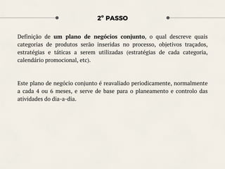 2º PASSO
Definição de um plano de negócios conjunto, o qual descreve quais
categorias de produtos serão inseridas no processo, objetivos traçados,
estratégias e táticas a serem utilizadas (estratégias de cada categoria,
calendário promocional, etc).
Este plano de negócio conjunto é reavaliado periodicamente, normalmente
a cada 4 ou 6 meses, e serve de base para o planeamento e controlo das
atividades do dia-a-dia.
 