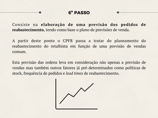 6º PASSO
Consiste na elaboração de uma previsão dos pedidos de
reabastecimento, tendo como base o plano de previsões de venda.
A partir deste ponto o CPFR passa a tratar do planeamento do
reabastecimento do retalhista em função de uma previsão de vendas
comum.
Esta previsão das ordens leva em consideração não apenas a previsão de
vendas mas também outros fatores já pré-determinados como políticas de
stock, frequência de pedidos e lead times de reabastecimento.
 