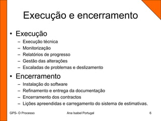 GPS- O ProcessoAna Isabel Portugal6Execução e encerramentoExecuçãoExecução técnicaMonitorizaçãoRelatórios de progressoGestão das alteraçõesEscaladas de problemas e deslizamentoEncerramento Instalação do softwareRefinamento e entrega da documentaçãoEncerramento dos contractosLições apreendidas e carregamento do sistema de estimativas.
