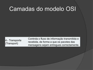 Camadas do modelo OSI
4.- Transporte
(Transport)
Controla o fluxo de informação transmitida e
recebida, de forma a que os pacotes das
mensagens sejam entregues correctamente.
 