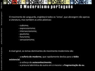 escola secundária com 3º ceb gil eanes  .  professora antónia mancha  .  literatura portuguesa II  .  2008/2009 O  M o d e r n i s m o  p o r t u g u ê s O movimento de vanguarda, englobará todos os ‘ismos’, que abrangem não apenas a Literatura, mas também as artes plásticas: - cubismo; - expressionismo; - interseccionismo; - paulismo; - futurismo; - sensacionismo; A nível geral, os temas dominantes do movimento modernista são: - a  euforia do moderno , que rapidamente desliza para o  tédio  existencial ; - o esforço do  autoconhecimento ; - a procura labiríntica do outro em si mesmo: a  fragmentação do eu . 