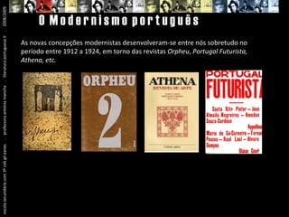 escola secundária com 3º ceb gil eanes  .  professora antónia mancha  .  literatura portuguesa II  .  2008/2009 O  M o d e r n i s m o  p o r t u g u ê s As novas concepções modernistas desenvolveram-se entre nós sobretudo no período entre 1912 a 1924, em torno das revistas  Orpheu ,  Portugal Futurista, Athena, etc. 