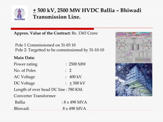 + 500 kV, 2500 MW HVDC Ballia – Bhiwadi
Transmission Line.
Approx. Value of the Contract: Rs. 1365 Crore
Pole 1 Commission...