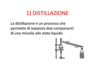 1) DISTILLAZIONE
La distillazione è un processo che
permette di separare due componenti
di una miscela allo stato liquido.
 