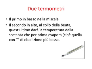Due termometri
• Il primo in basso nella miscela
• Il secondo in alto, al collo della beuta,
quest’ultimo darà la temperatura della
sostanza che per prima evapora (cioè quella
con T° di ebollizione più bassa.
 