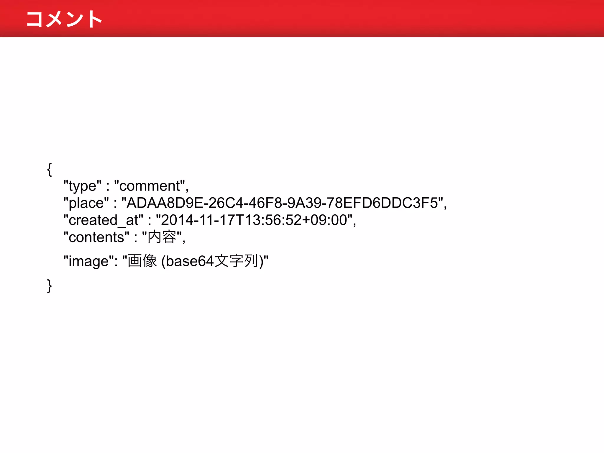 コメント 
{ 
"type" : "comment", 
"place" : "ADAA8D9E-26C4-46F8-9A39-78EFD6DDC3F5", 
"created_at" : "2014-11-17T13:56:52+09:00", 
"contents" : "内容", 
"image": "画像 (base64文字列)" 
} 
 