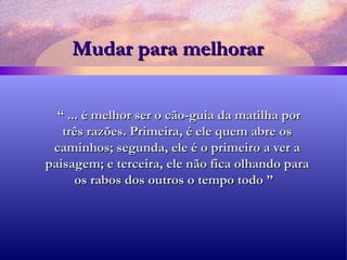 Mudar para melhorar “  ... é melhor ser o cão-guia da matilha por três razões. Primeira, é ele quem abre os caminhos; segunda, ele é o primeiro a ver a paisagem; e terceira, ele não fica olhando para os rabos dos outros o tempo todo ”  