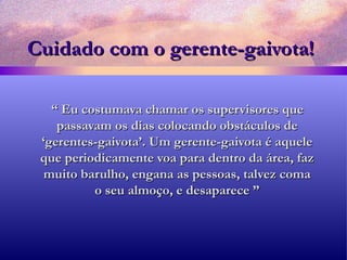 Cuidado com o gerente-gaivota! “  Eu costumava chamar os supervisores que passavam os dias colocando obstáculos de ‘gerentes-gaivota’. Um gerente-gaivota é aquele que periodicamente voa para dentro da área, faz muito barulho, engana as pessoas, talvez coma o seu almoço, e desaparece ” 