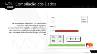 Compilação dos Dados
Os depoimentos da amostra são compilados e
analisados manualmente pela equipe de
monitoramento. Este trabalho possibilita um estudo
mais preciso dos resultados, considerando análises
mais complexas de sentimento, alcance, relevância
etc
 