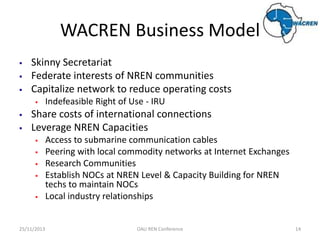WACREN Business Model




Skinny Secretariat
Federate interests of NREN communities
Capitalize network to reduce operat...